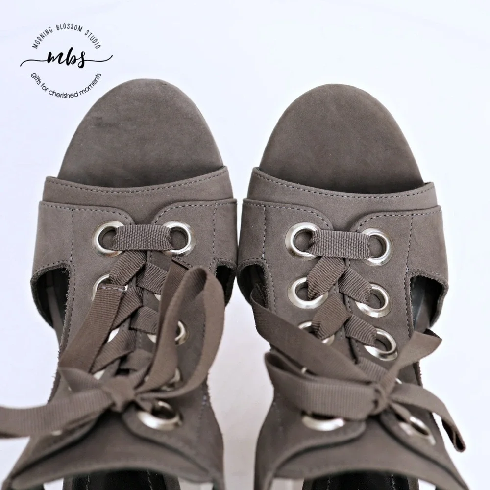Klub Nico Tinka‎ Open Casual Chic Suede Block Lace-Up Heeled Sandals Grey 7